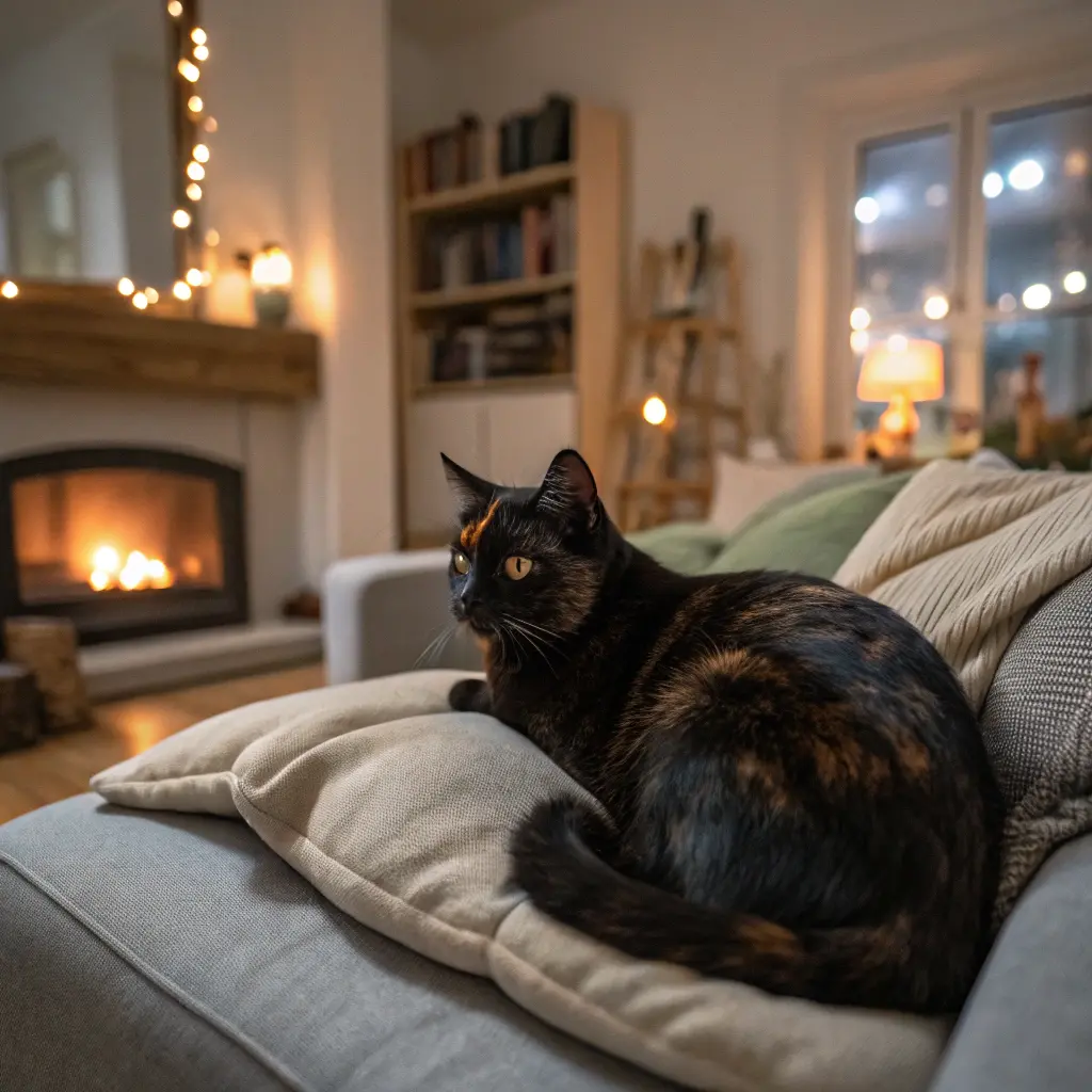 Black cat with brown patches on fur in a cozy indoor setting.