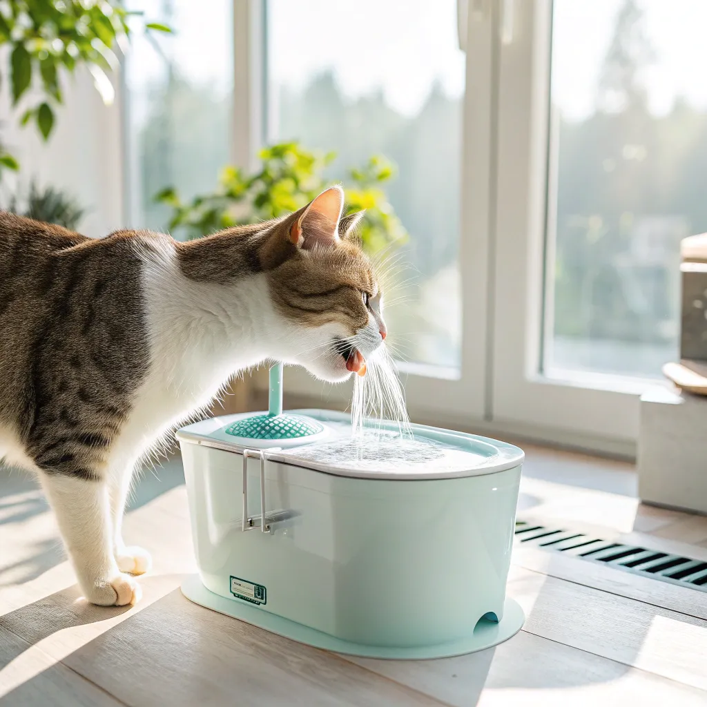 Cat drinking from a pet water fountain to stay hydrated in summer.