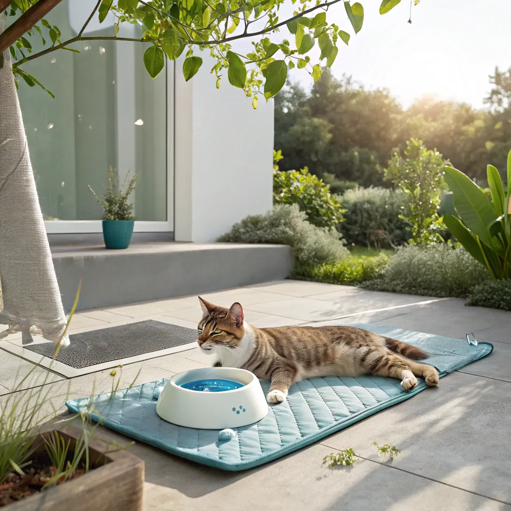 Cat enjoying a shaded outdoor spot with a cooling mat and water bowl in summer.