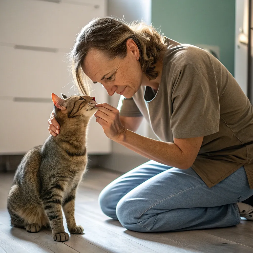 Cat owner checking cat’s ears for signs of fever