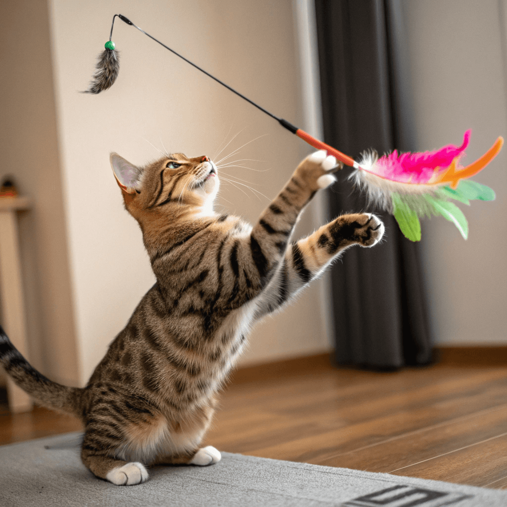 Cat Caught a Mouse 5 Cat playing with a feather toy, showcasing how to engage a cat to prevent hunting mice.