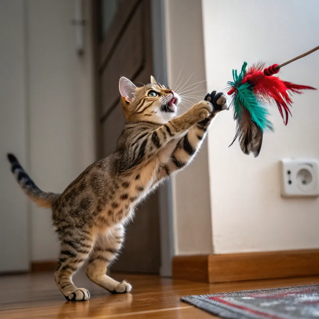 Cat pouncing with a feather toy in its mouth, demonstrating its hunting instinct. 