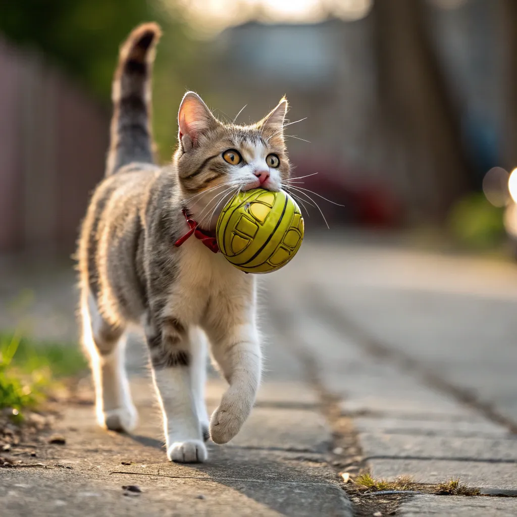 Cat proudly carrying a shiny ball toy, showcasing playful and confident behavior.
