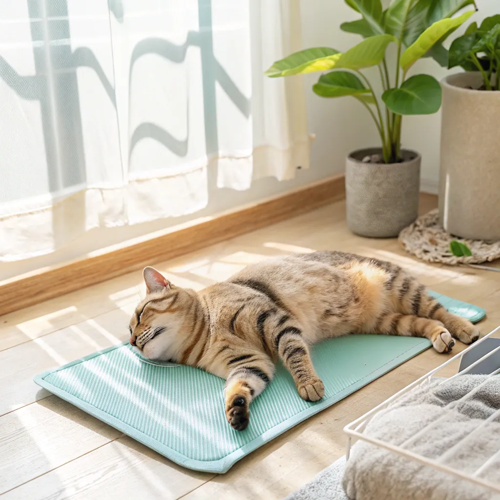 Cat relaxing on a cooling mat in a shaded room during summer.