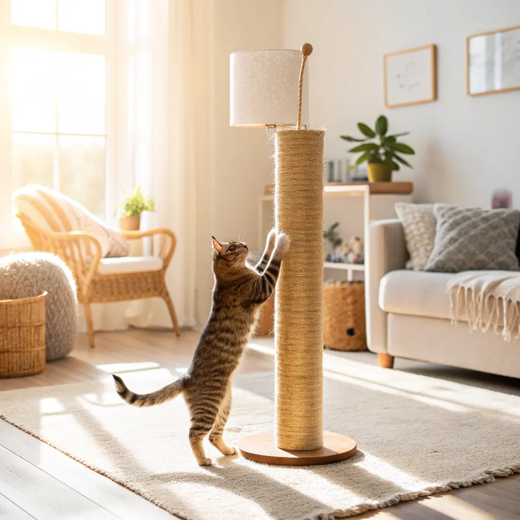 Cat scratching a tall sisal scratching post in a sunny living room corner.