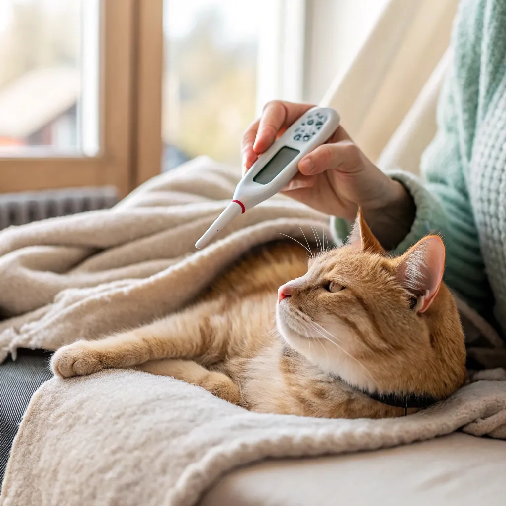 Checking cat’s temperature with a digital thermometer for fever detection.
