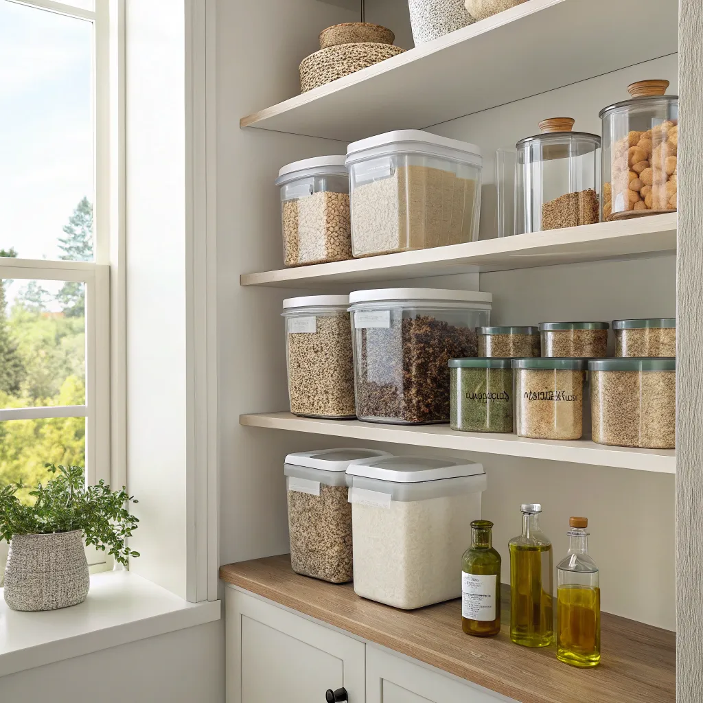 Cat Caught a Mouse 4 clean, organized pantry with airtight containers for food storage, showcasing a mouse-proof home environment. Include a subtle peppermint oil bottle on a shelf.