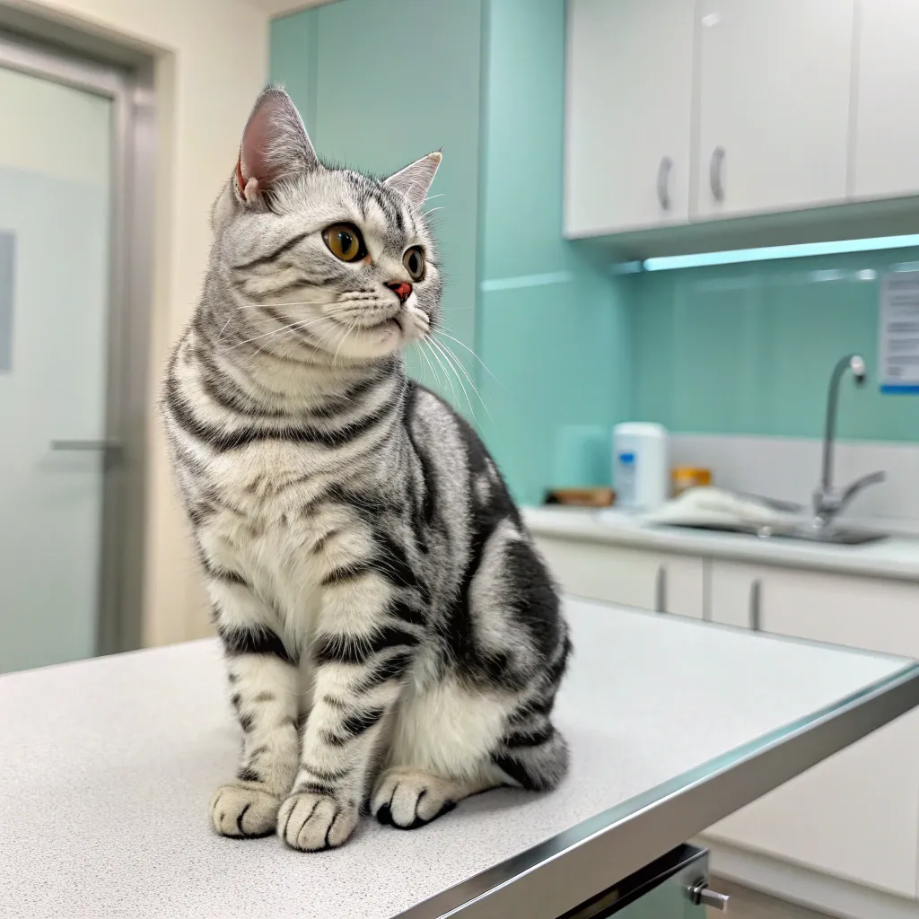 American Shorthair cat on vet examination table in a modern clinic.