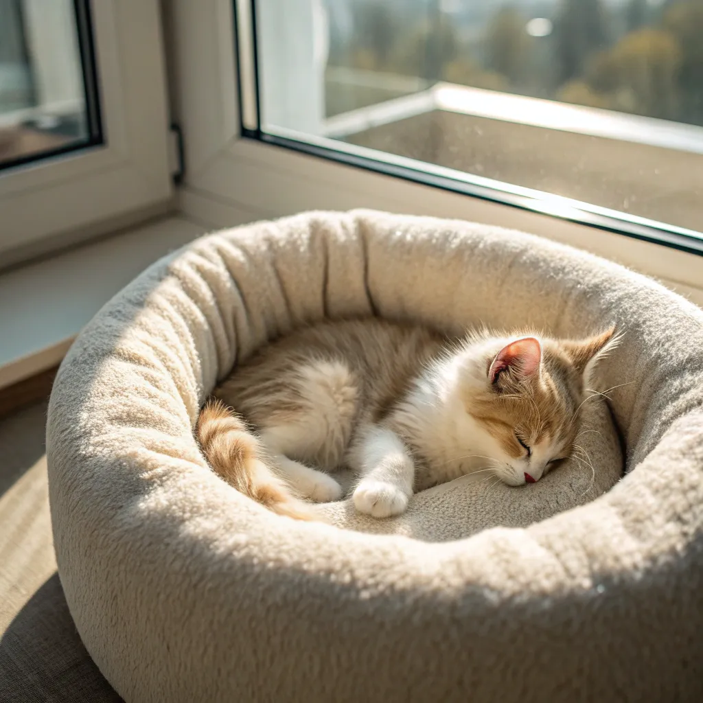 Munchkin cat sleeping in a round, orthopedic comfortable bed for Munchkin cats by a window.