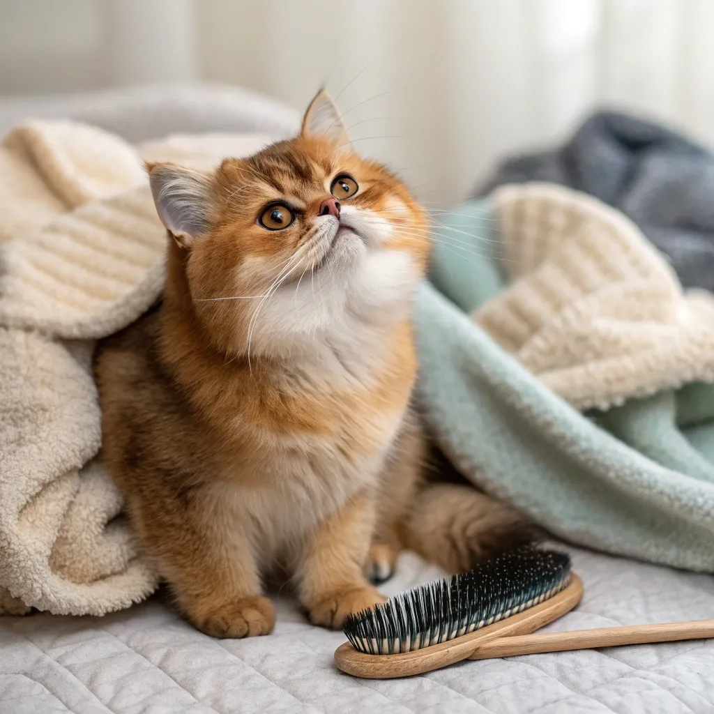 Munchkin cat with glossy fur next to a grooming brush, showcasing effective shedding management