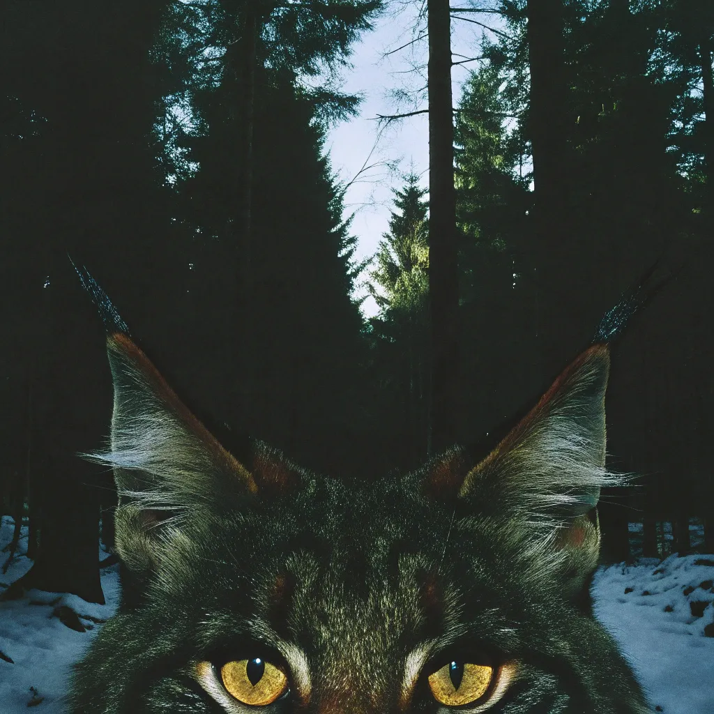 Norwegian Forest Cat with tufted ears and golden eyes in a snowy forest setting.
