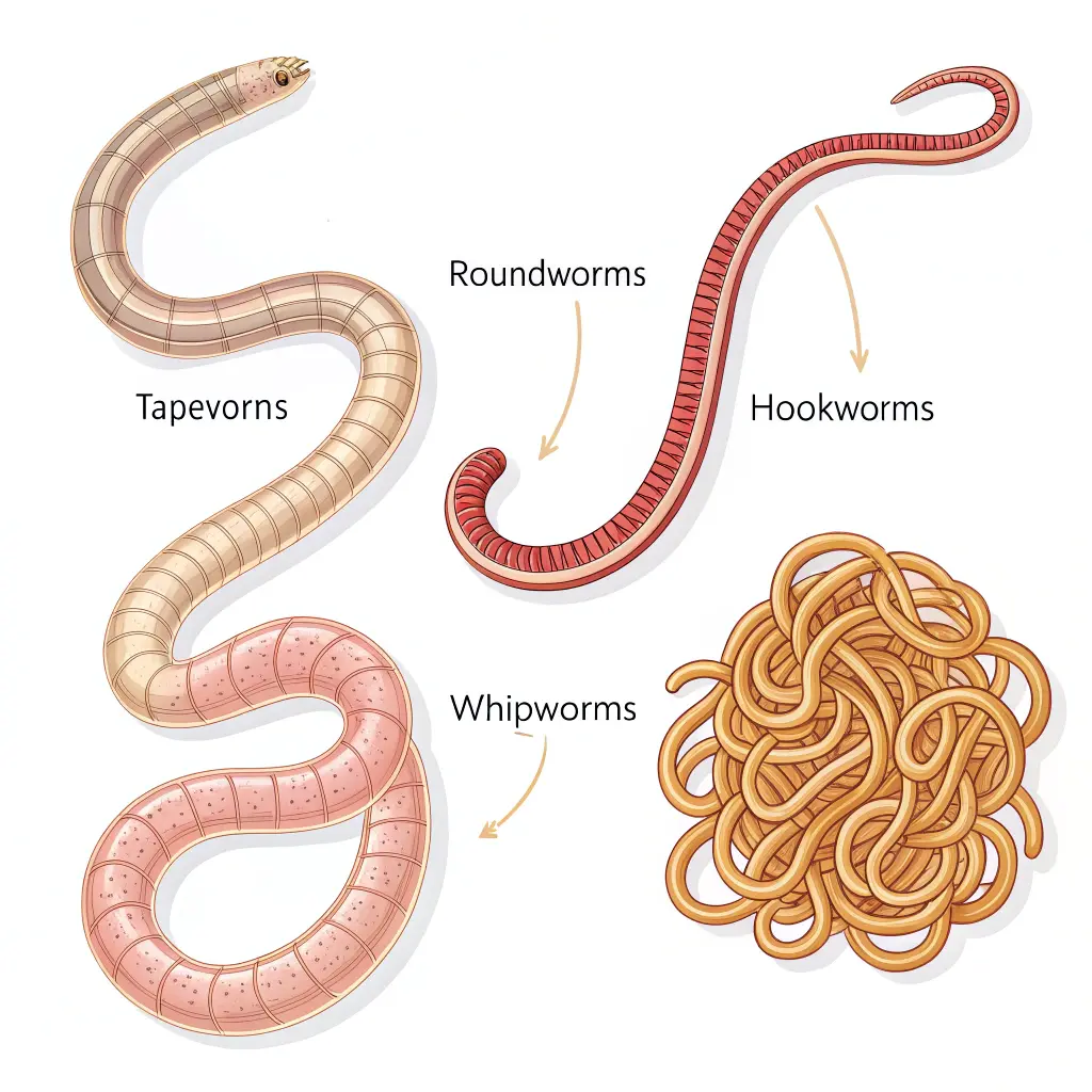  labeled diagram showing roundworms, tapeworms, hookworms, and whipworms, illustrating their distinct appearances to help identify cat parasites.