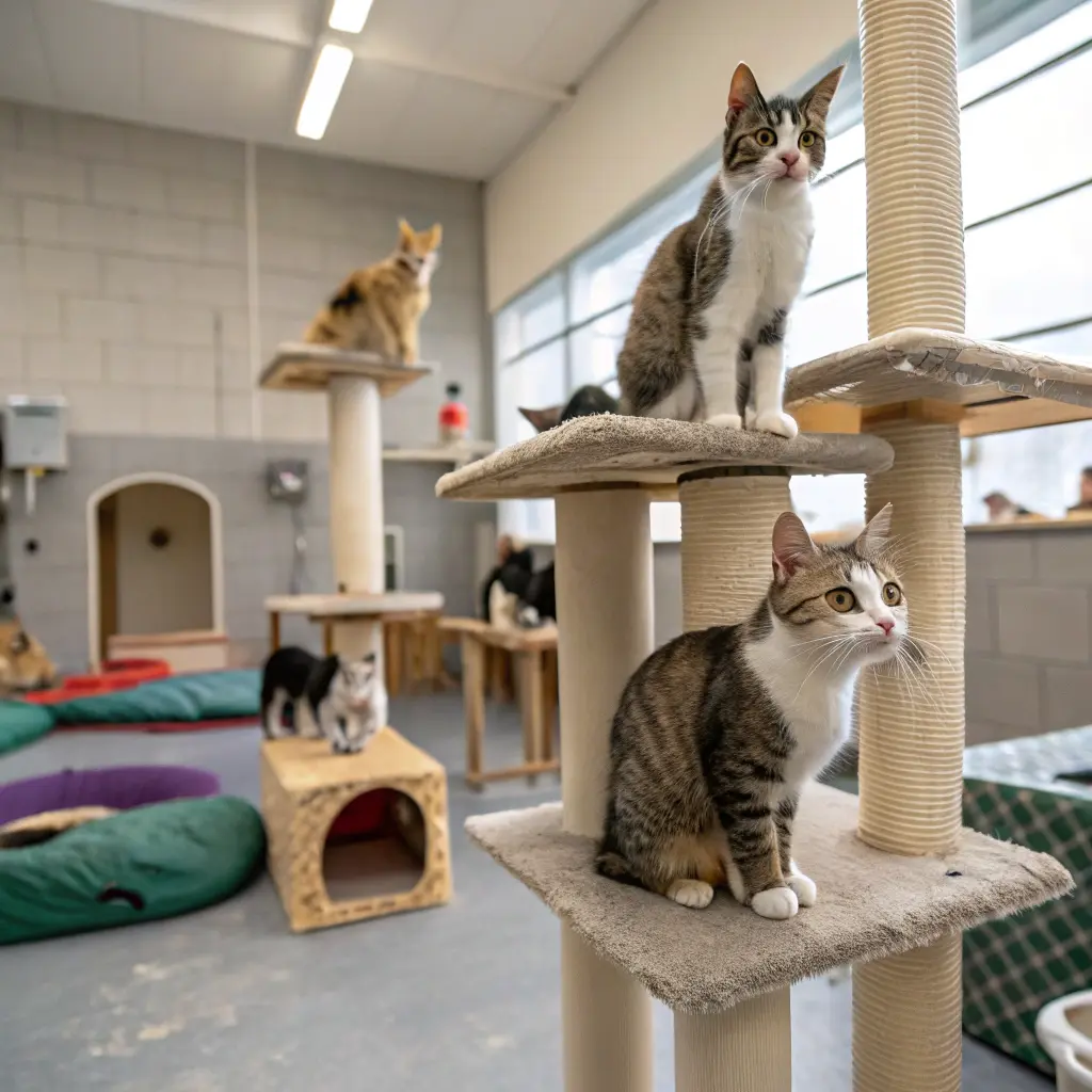 Diverse group of *rescue cats for adoption* playing in a *cat adoption shelter*, ready to *find a cat to adopt*