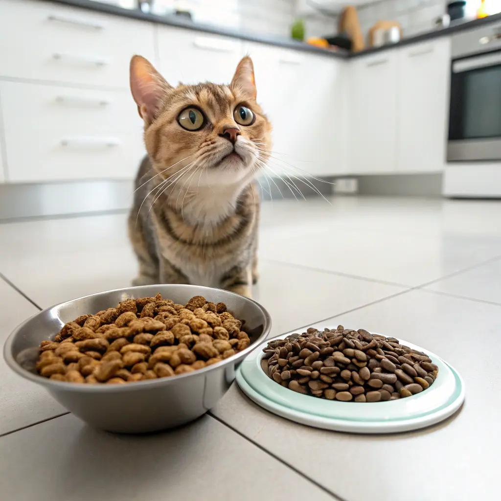 Dry vs. wet cat food comparison with a curious cat.