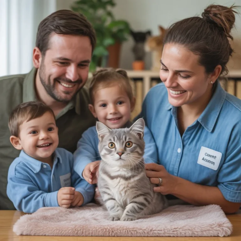 Family with their *new best friend cat* celebrating *cat adoption* with a shelter volunteer, inspiring others to *adopt a cat*.