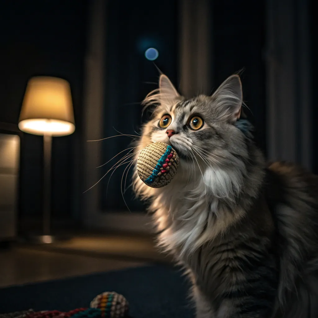 Fluffy cat holding a toy at night, displaying attention-seeking behavior
