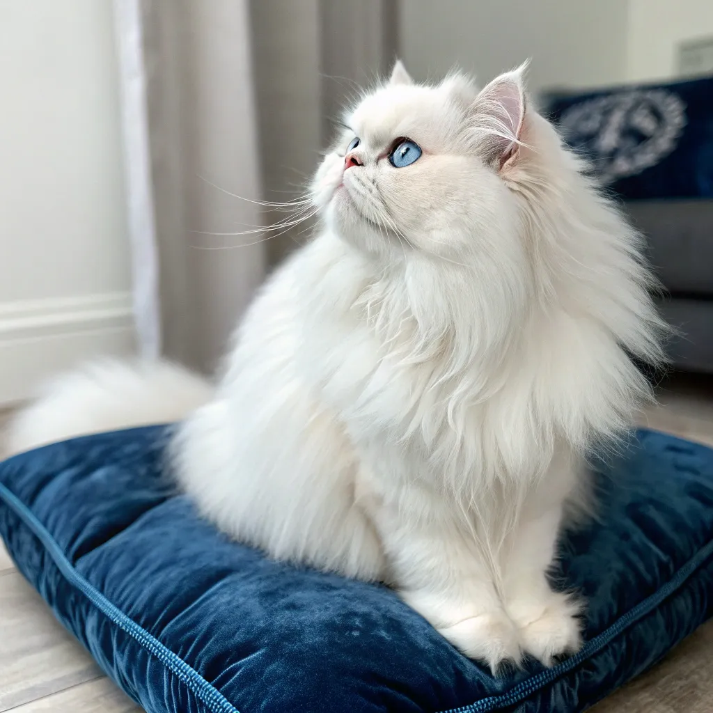 Fluffy white Persian cat with blue eyes on a velvet cushion.
