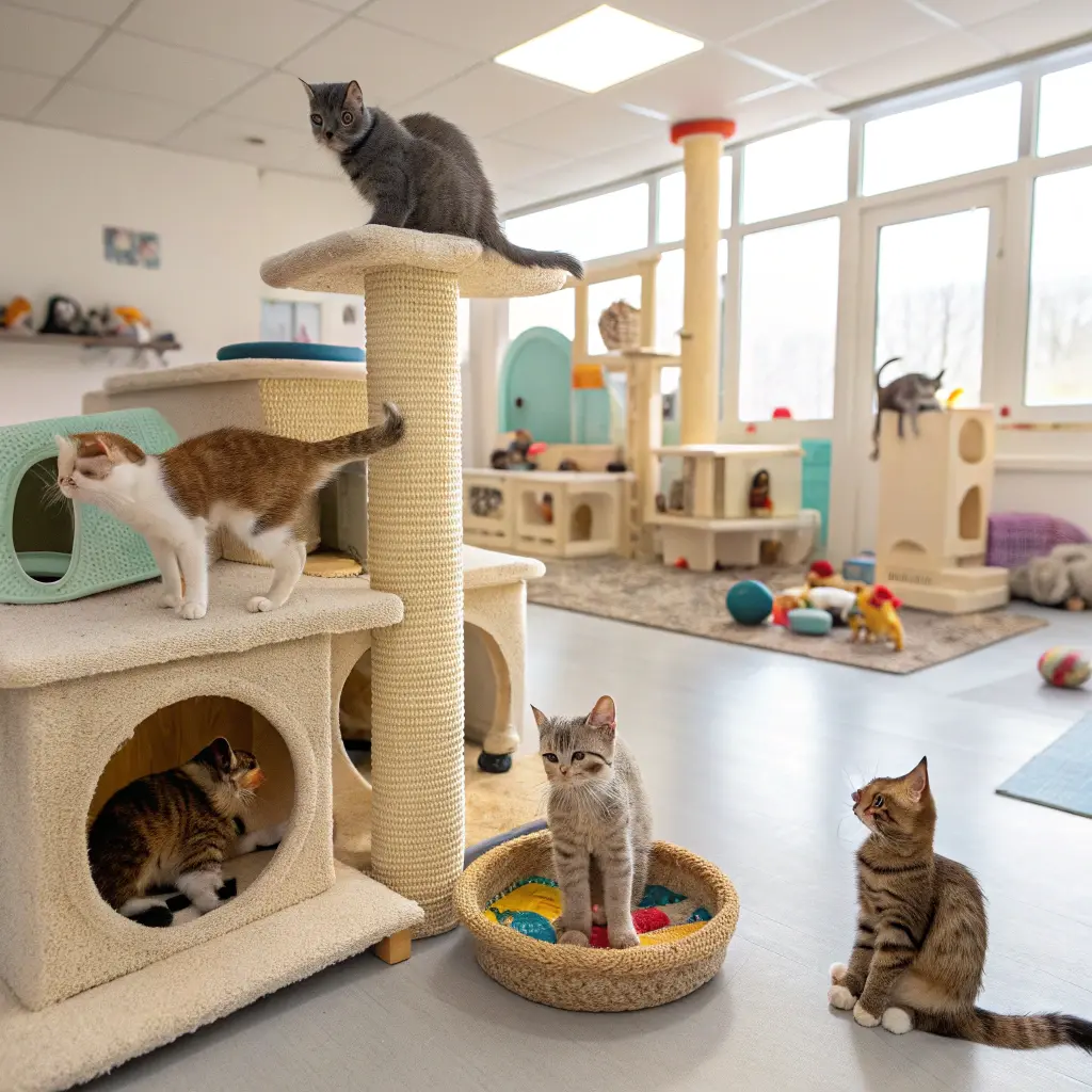 Group of adoptable cats in a shelter playroom, showcasing the variety of *rescue cats for adoption* at *cat adoption shelters*.

