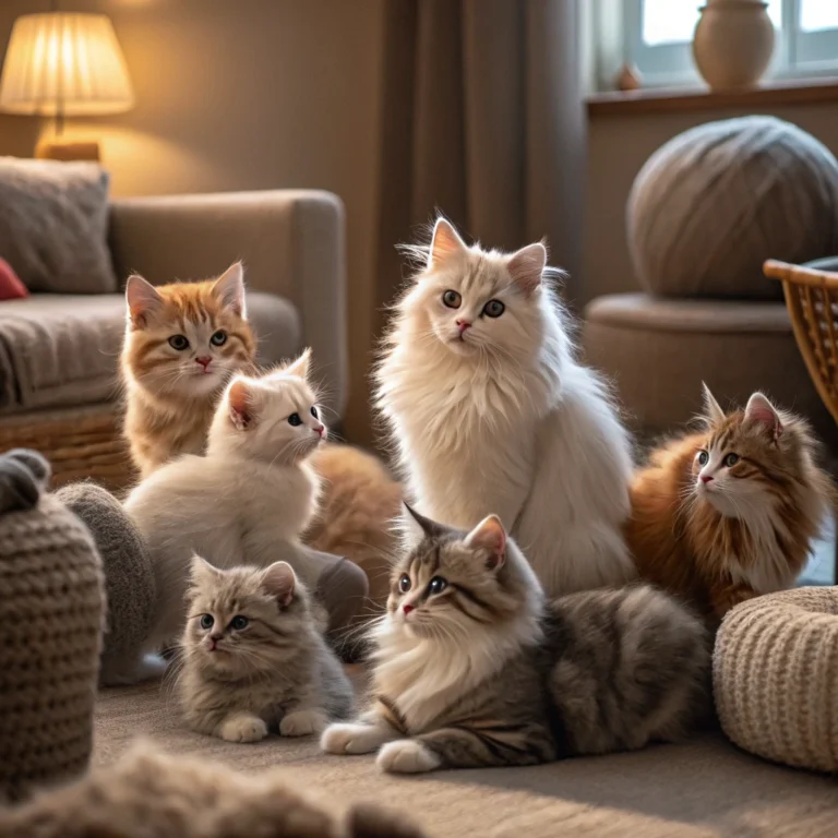 Group of popular cat breeds including American Shorthair, Bengal, and Maine Coon.