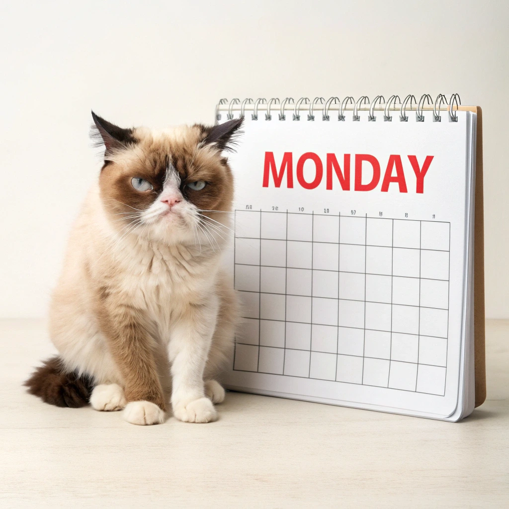 A viral Grumpy Cat meme showing the cat frowning next to a Monday calendar.*
