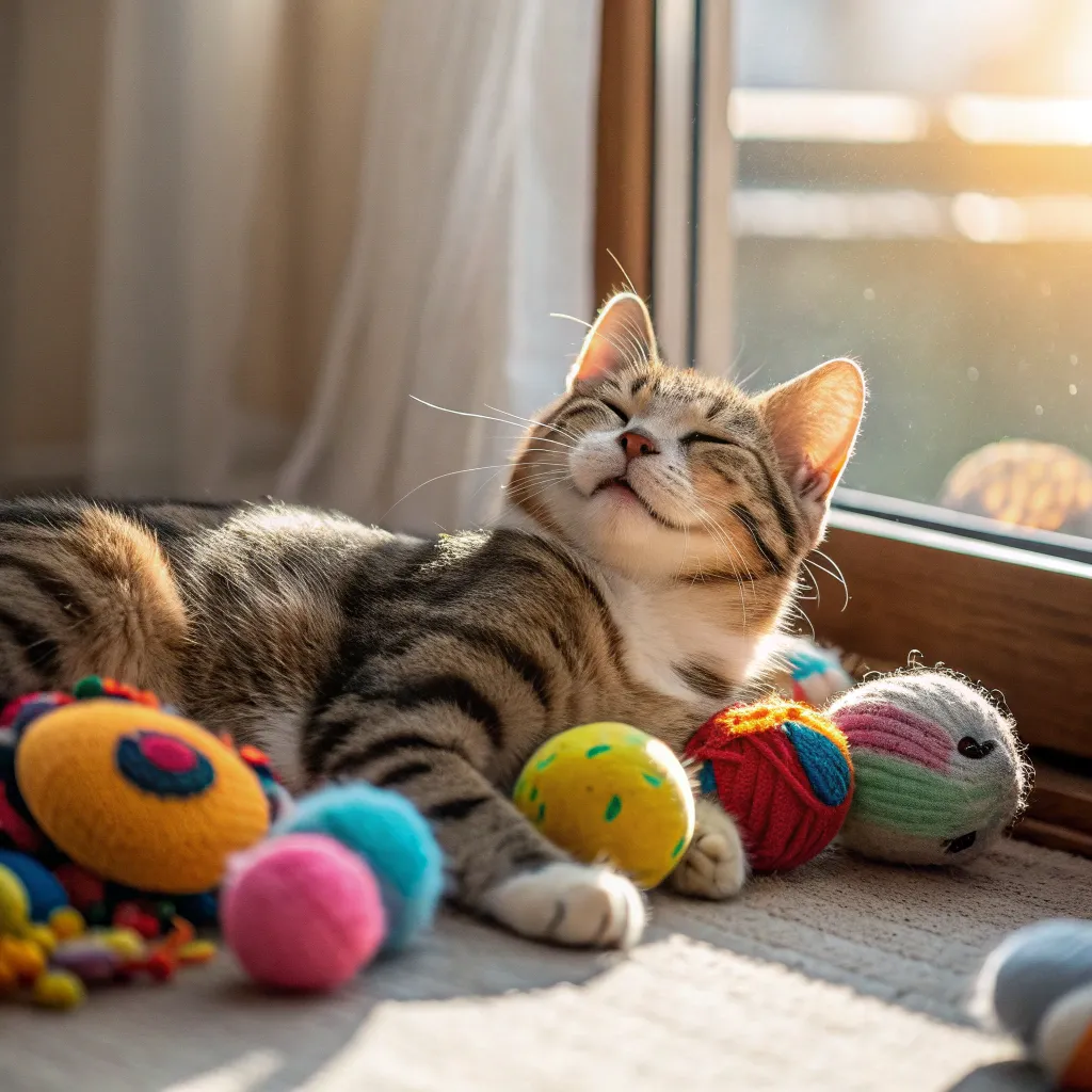 Happy cat curled up with toys, showing contentment after playtime.
