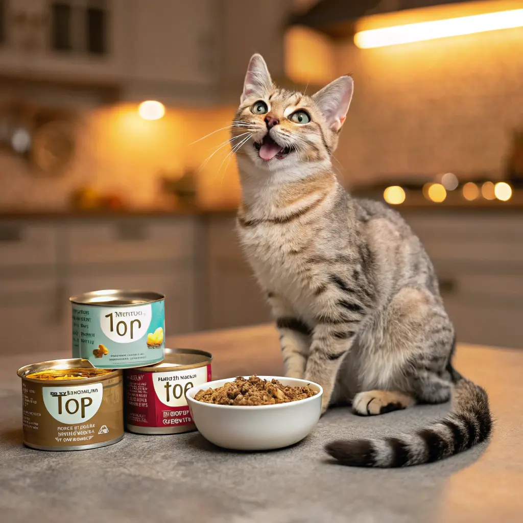 Happy cat with top wet cat food brands for optimal feline nutrition.