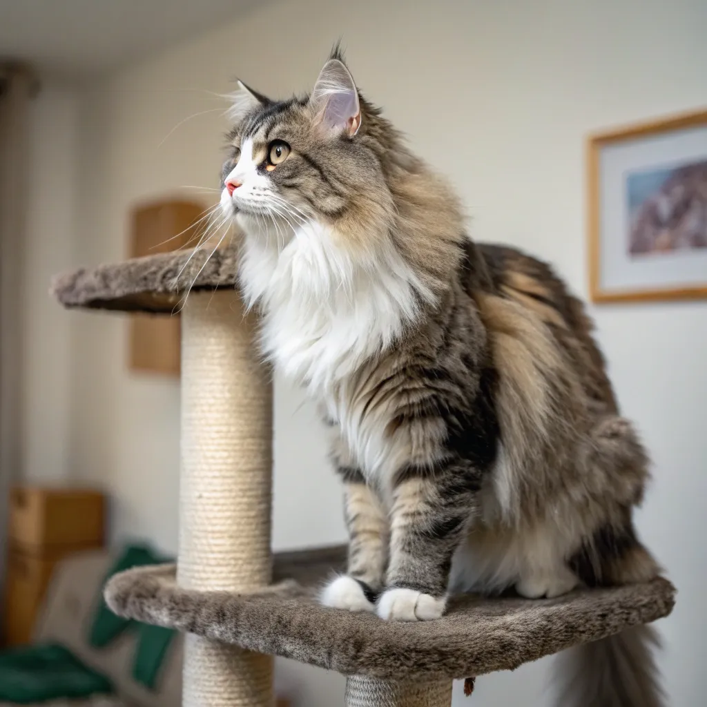 Healthy Norwegian Forest Cat on a cat tree, showcasing ideal weight and alertness.