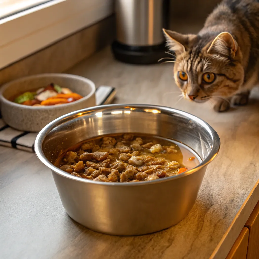 Close-up of softened dry cat food in a bowl with a curious cat sniffing it.