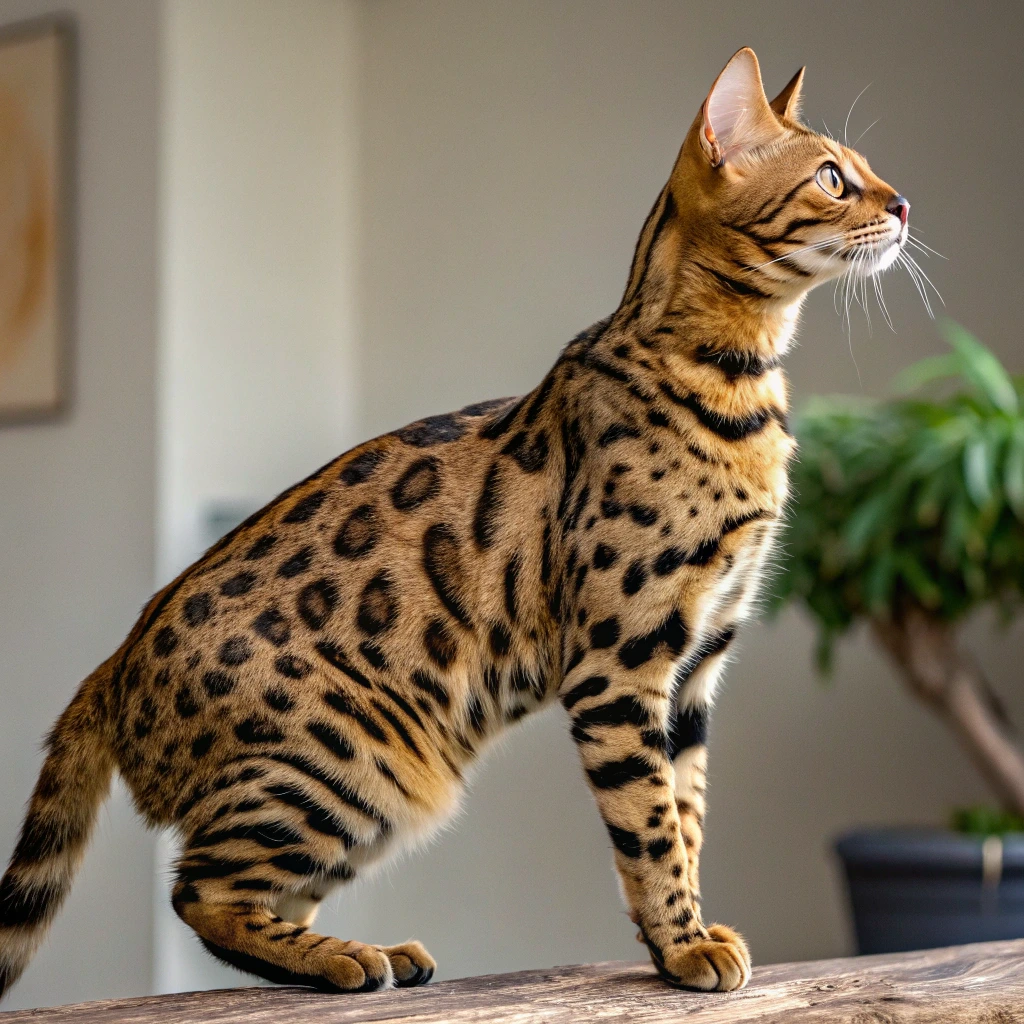 Bengal cat with leopard-like spots leaping playfully.”