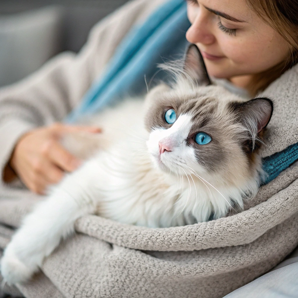 Ragdoll cat with blue eyes being gently held.