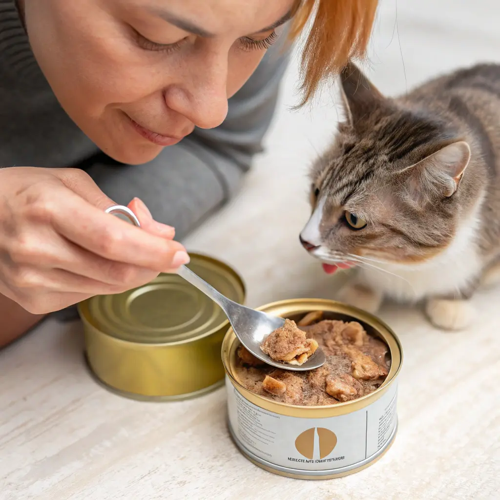  Inspecting wet cat food for spoilage signs.