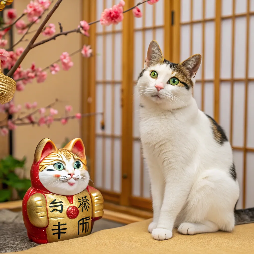 Japanese Bobtail with a Maneki-neko statue, showcasing the cultural significance of short-tailed cats.