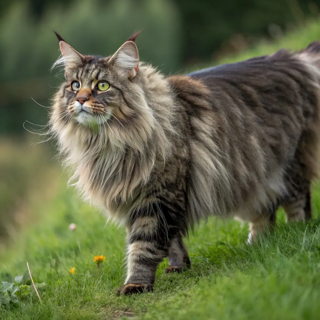 Large male Maine Coon cat with a shaggy coat standing on grass, showcasing its size and tufted paws.
