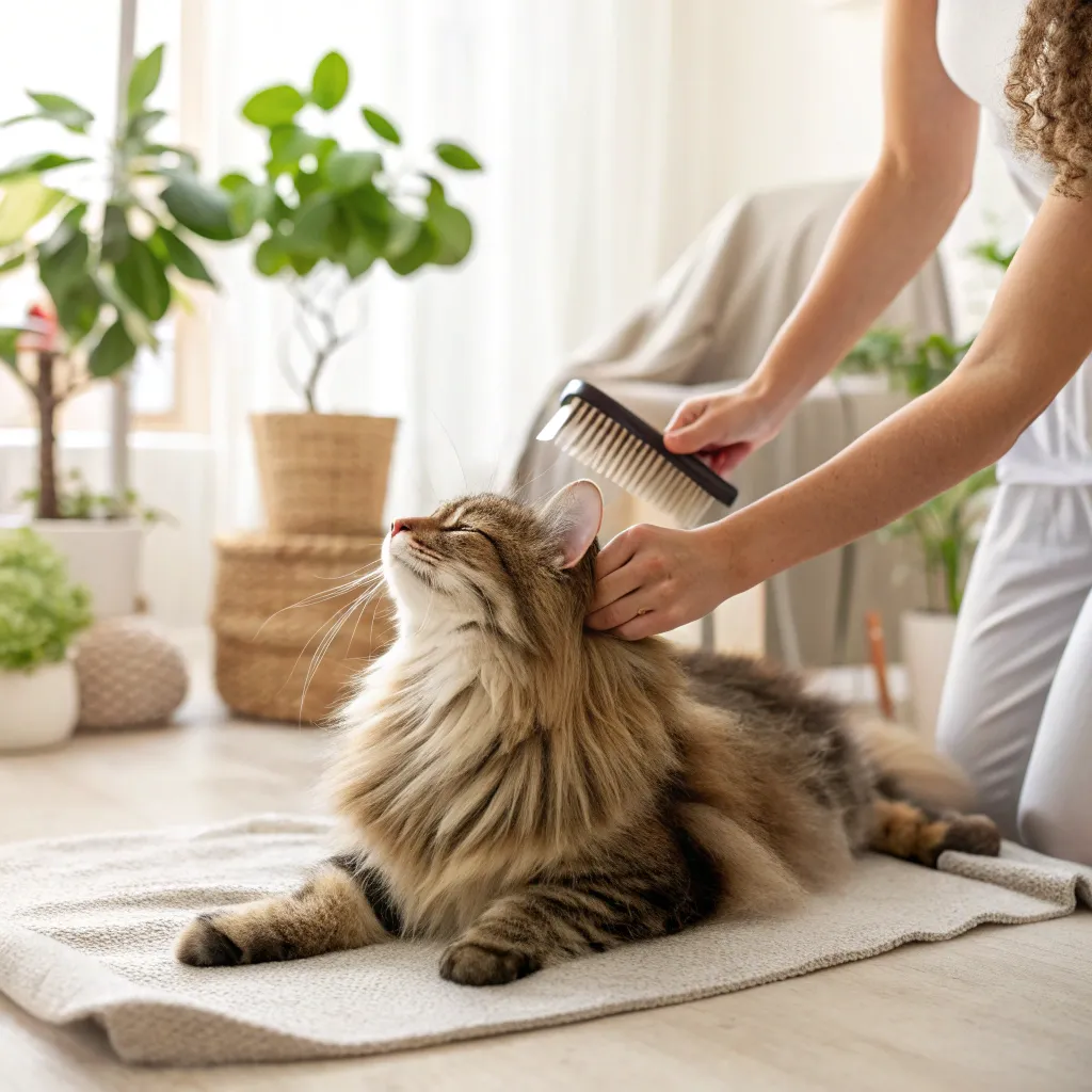 Owner brushing a long-haired cat for summer grooming.