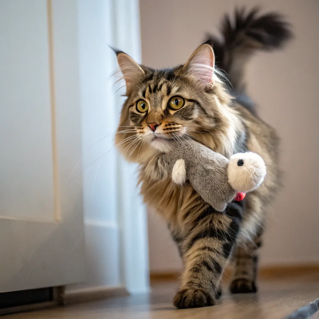Tabby cat carrying a plush toy mouse in its mouth, showcasing playful behavior.
