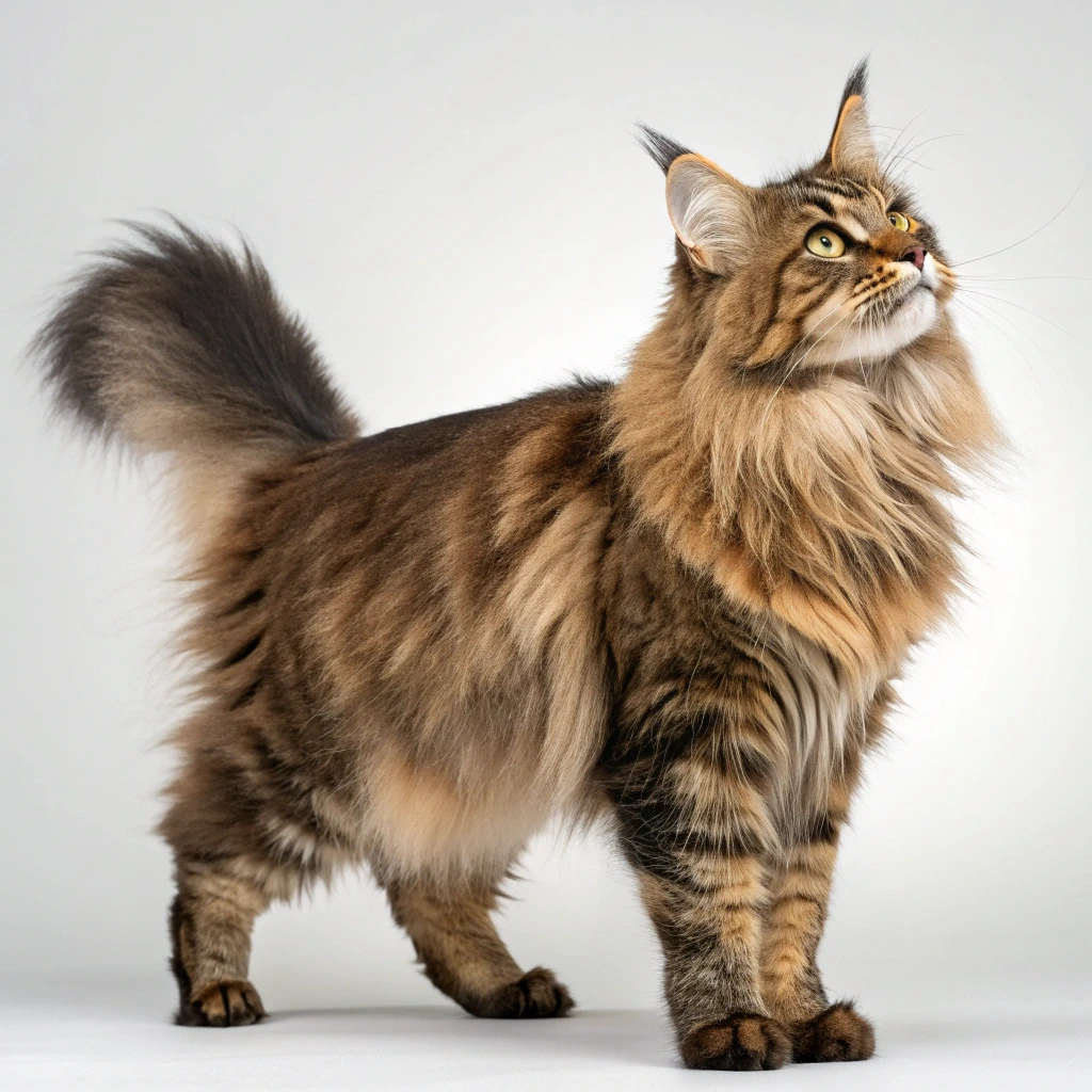 Maine Coon cat with tufted ears and bushy tail sitting proudly.