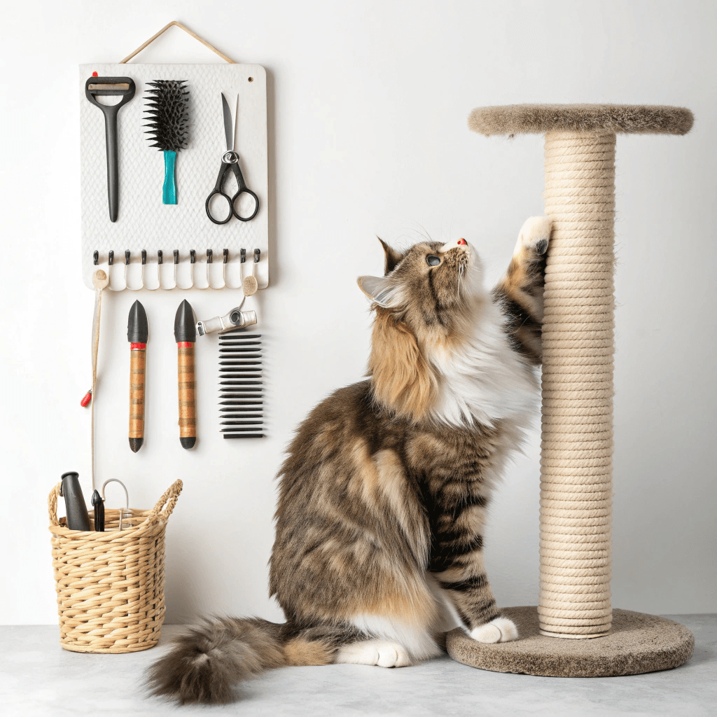 maine coon cat on a scratching post with grooming
