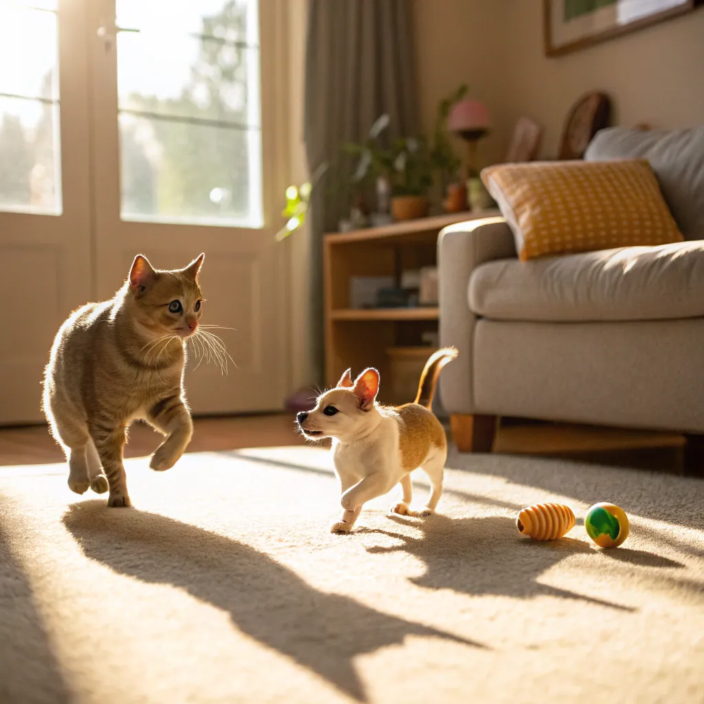 Munchkin cat and dog playing together, demonstrating successful cats and dogs.