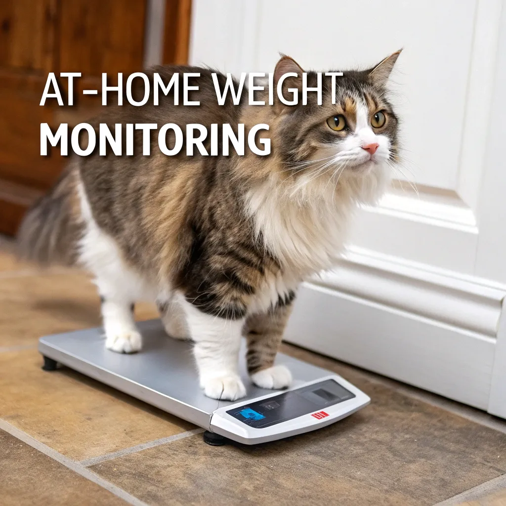Norwegian Forest Cat on a digital scale for at-home weight monitoring.
