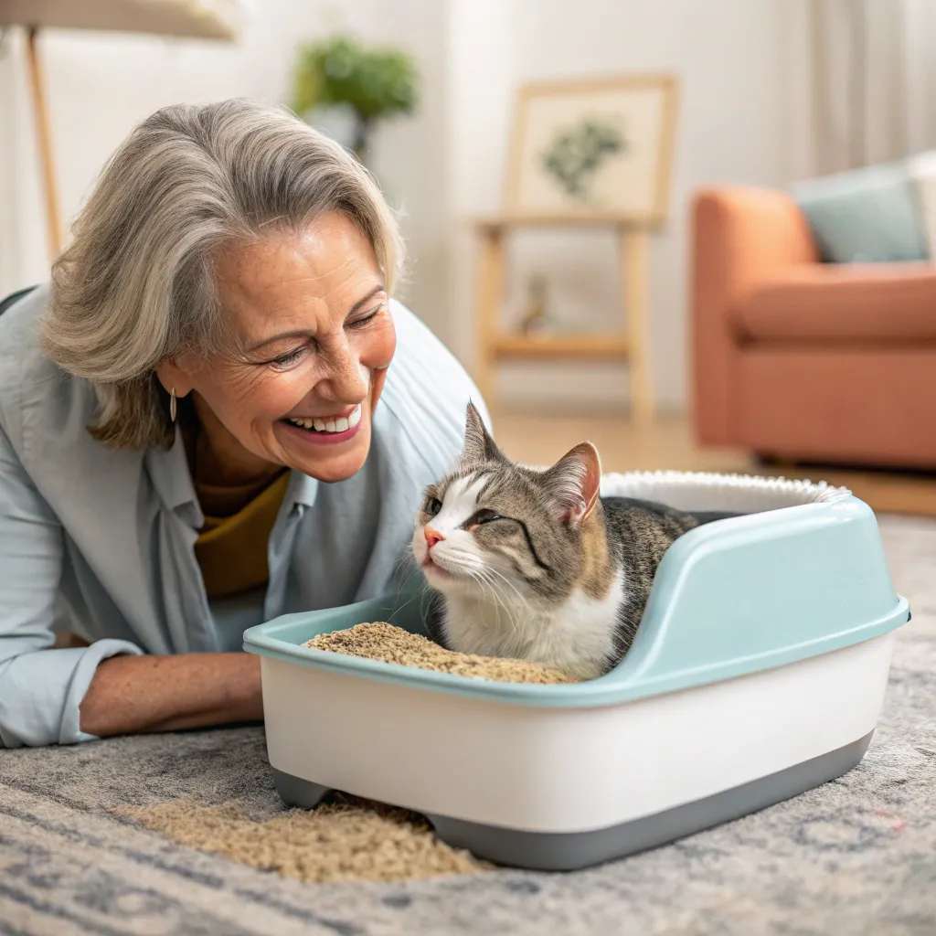 Older cat thriving after litter box retraining, with owner support.