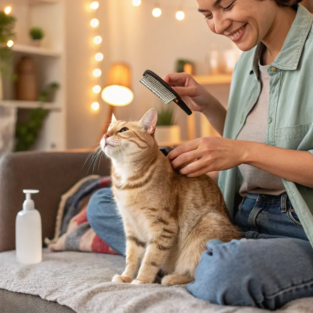 Person caring for their *new best friend cat* with grooming and supplies, highlighting *cat adoption* care tips.
