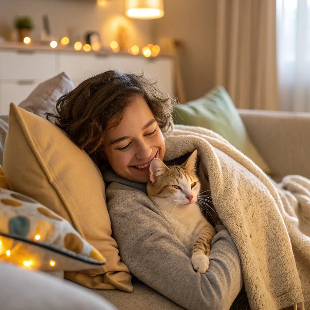 Person cuddling their newly adopted cat in a cozy home, showcasing the joy of *cat adoption*.
