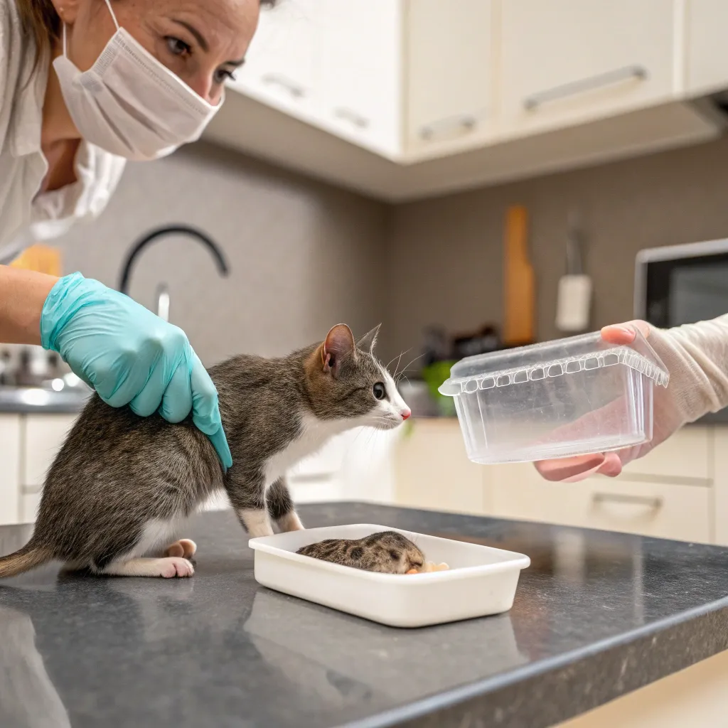 Cat Caught a Mouse 2 Person safely handling a mouse caught by a cat using gloves and a container in a kitchen.