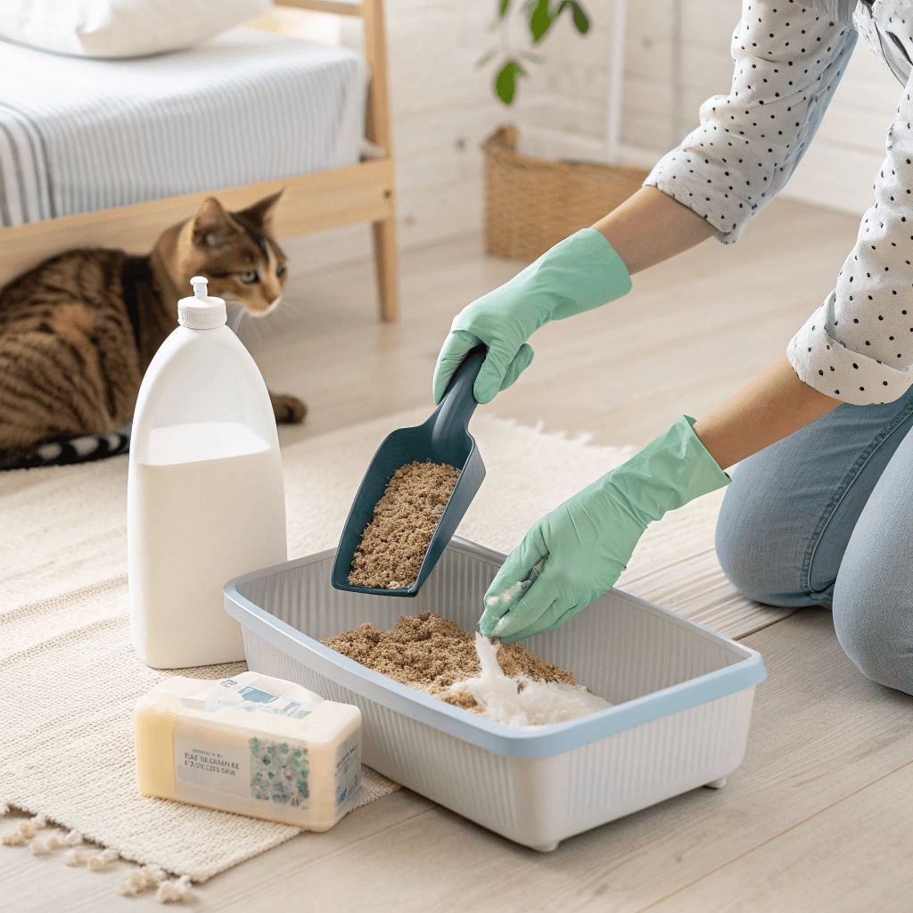 Daily litter box cleaning routine to maintain hygiene for senior cat training.