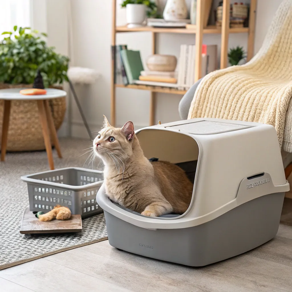 Senior cat comfortably using an accessible litter box in a home environment.