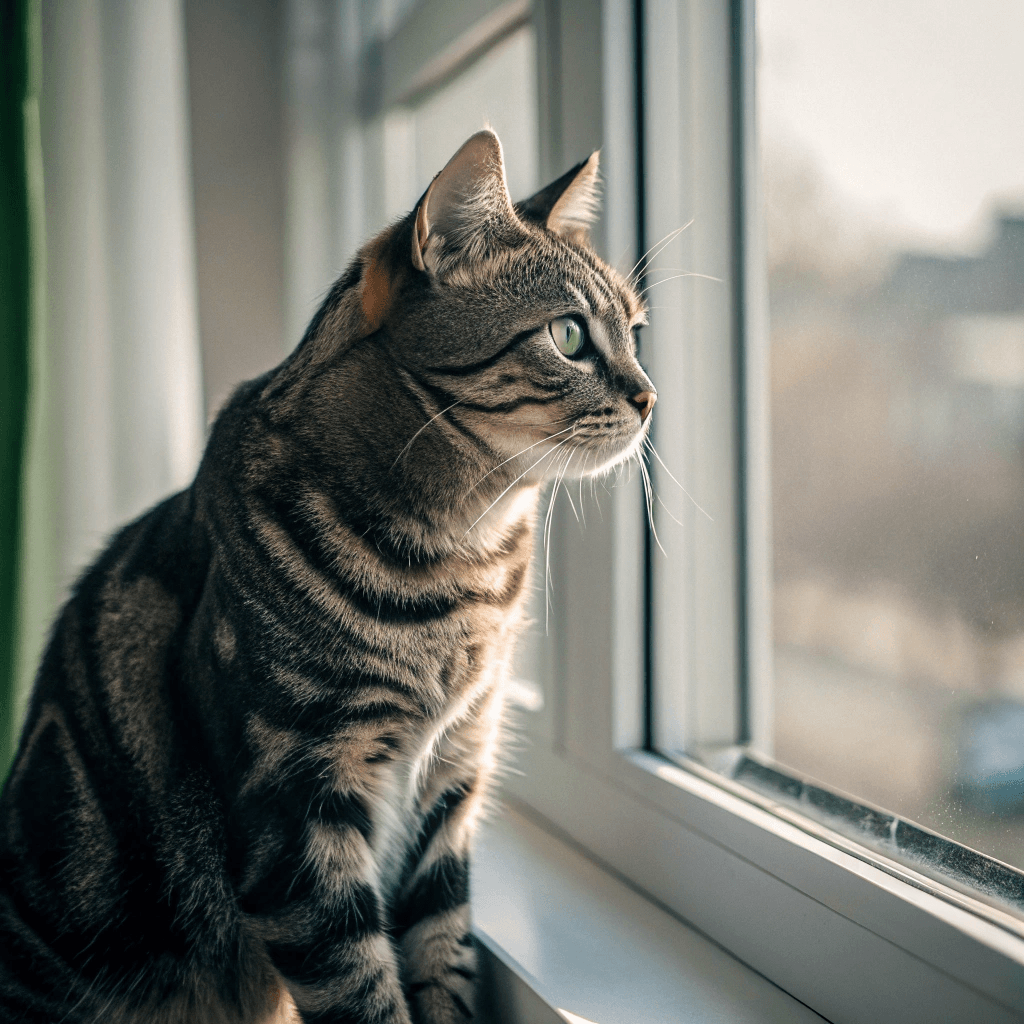 American Shorthair cat with a tabby coat, showcasing its calm and friendly personality.