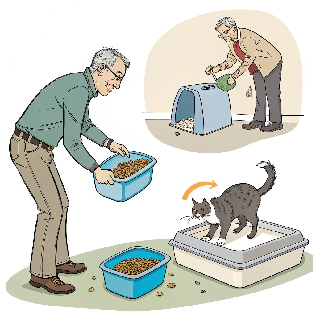 Step-by-step illustration of introducing an older cat to the litter box with positive reinforcement.