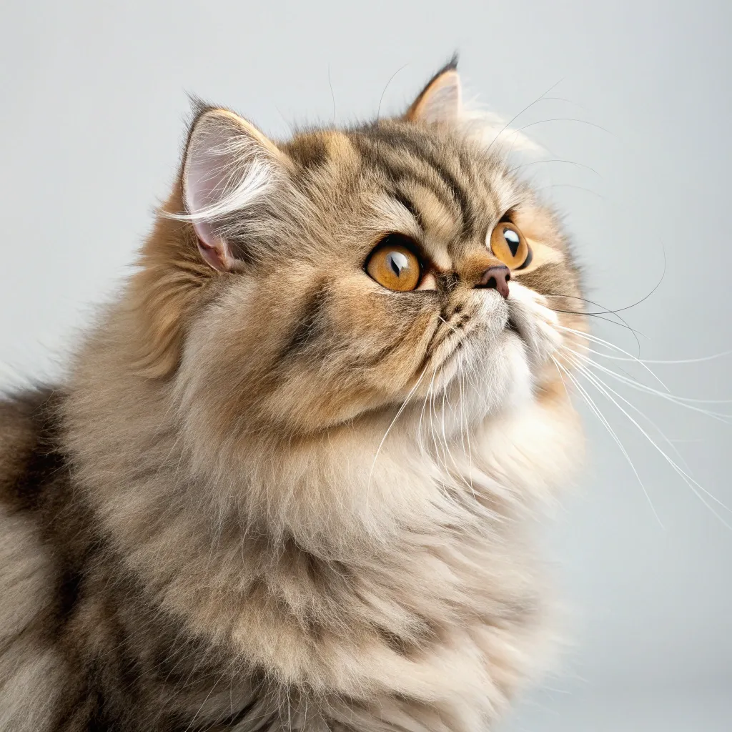 Tabby Persian cat with silky coat and round head in profile view.