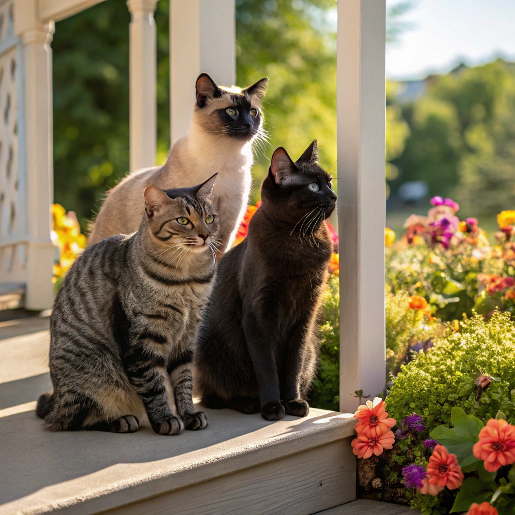 Three male cats—a tabby, a black cat, and a Siamese—sit together on a sunny porch with a colorful garden in the background.