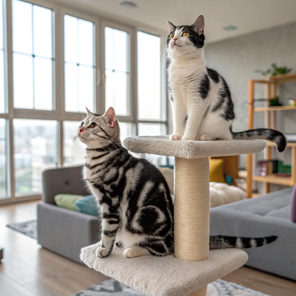 Two American Shorthair cats, tabby and black-and-white, resting together on a cat tree.